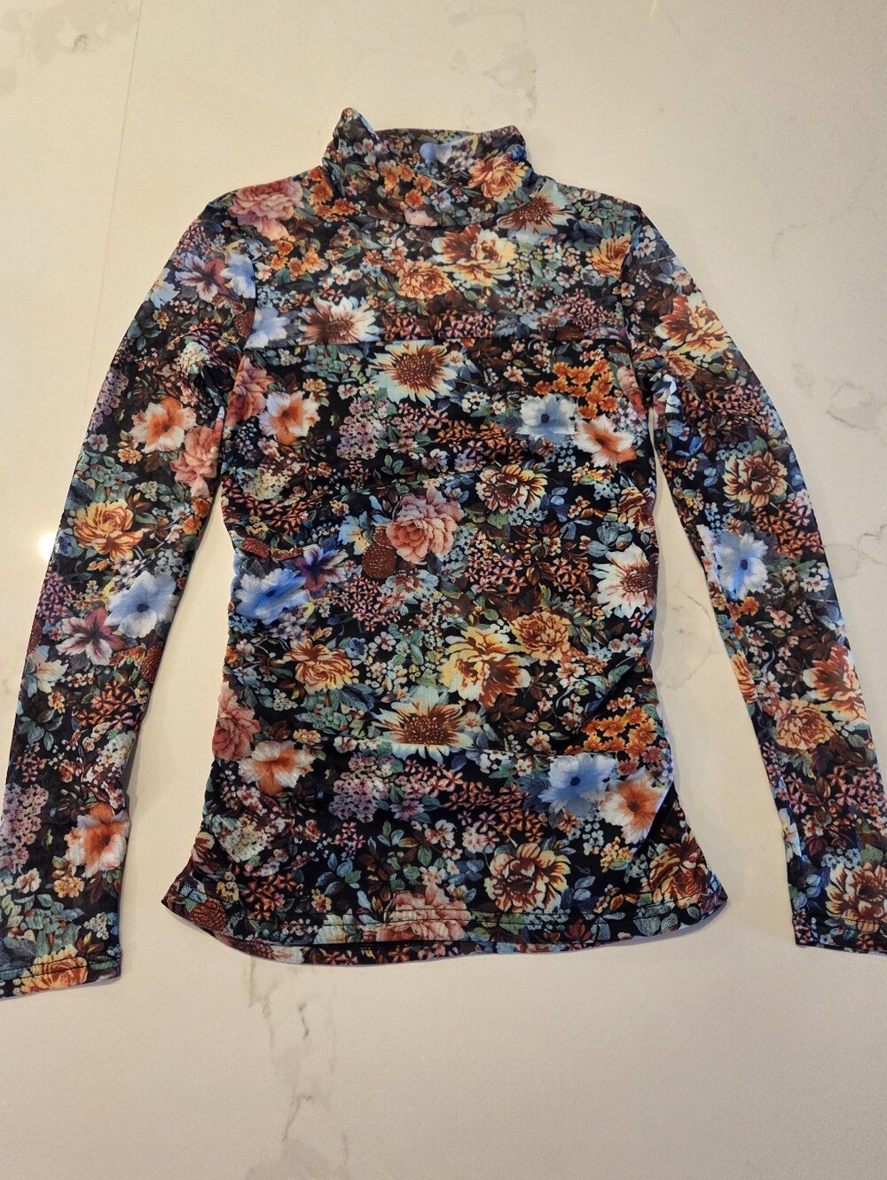 Floral Mesh Mock Neck Long-Sleeve Top - Lined Chest Down